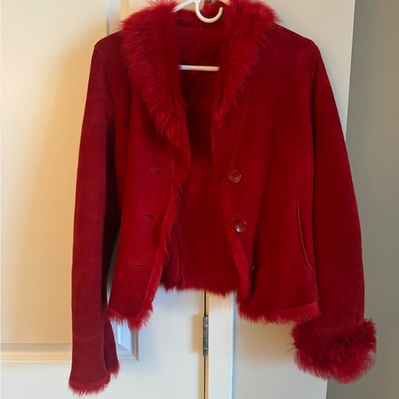 Red Shearling Jacket with Real Fur Lining & Trim - Picture 3 of 9